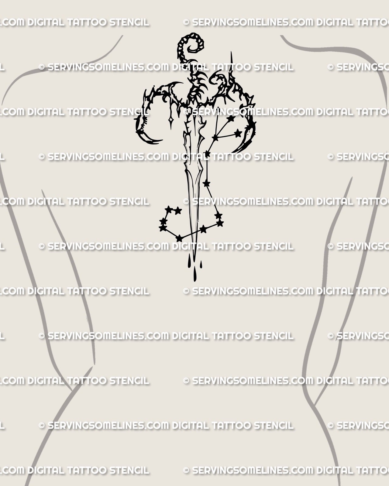 Upper back centered scorpio constellation tattoo, vertical neotribal sword layout with cosmic star flow and symmetrical black lines.
