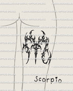 Scorpio glyph tattoo stencil shown on back of thigh placement preview, cybersigilism zodiac mark, PNG JPG PDF download