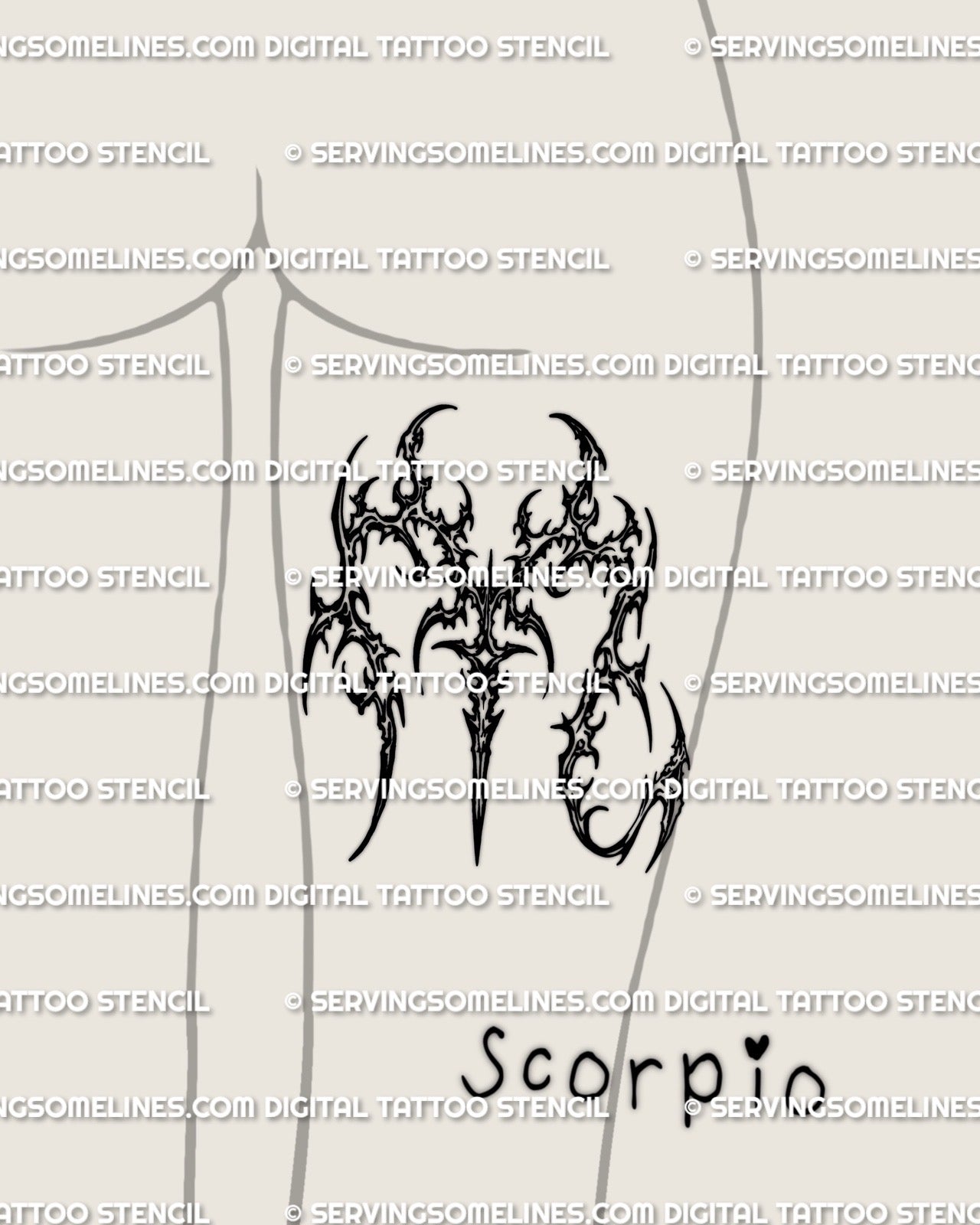 Scorpio glyph tattoo stencil shown on back of thigh placement preview, cybersigilism zodiac mark, PNG JPG PDF download
