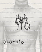 Scorpio glyph tattoo stencil shown on men’s chest center placement preview, cybersigilism zodiac design download, PNG JPG PDF