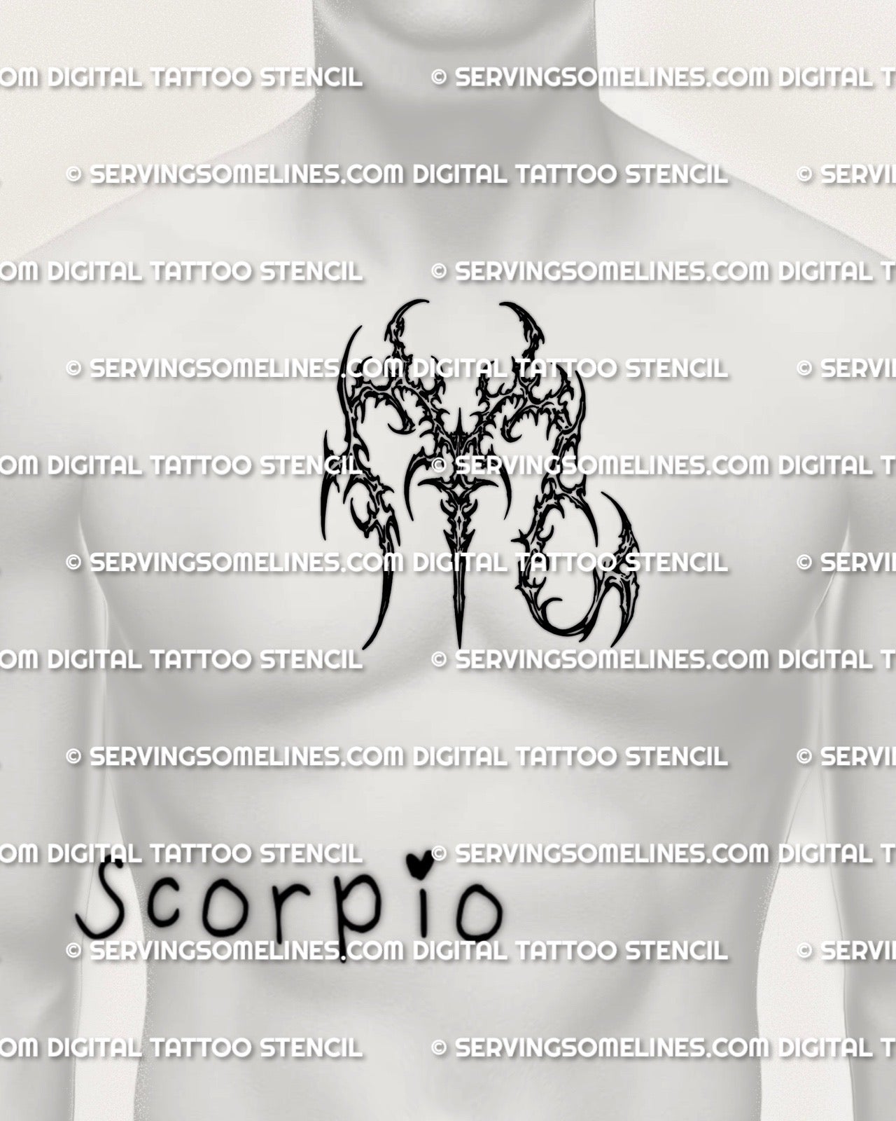 Scorpio glyph tattoo stencil shown on men’s chest center placement preview, cybersigilism zodiac design download, PNG JPG PDF