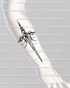Forearm display of Scorpio sword tattoo stencil in cyber sigilism style, sleek neotribal digital tattoo flash with gothic edge and balance.