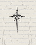 Tattoo mockup on man’s chest featuring Scorpio sword tattoo digital design, gothic neotribal dagger shape symbolizing power and transformation.