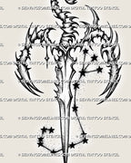 Close detail of a Scorpio sword tattoo stencil with sharp scorpion claws, curled tail, blade shape, and zodiac constellation stars.