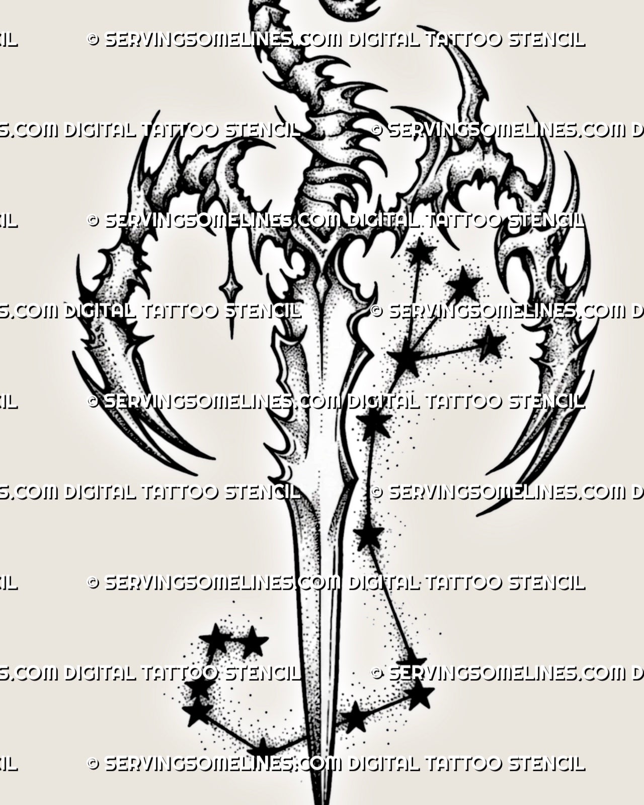 Close detail of a Scorpio sword tattoo stencil with sharp scorpion claws, curled tail, blade shape, and zodiac constellation stars.