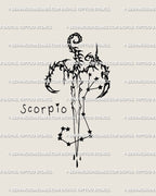 Scorpio sword tattoo stencil design, cyber tribal blade with claw guard and star detail, clean outline for stencil transfer
