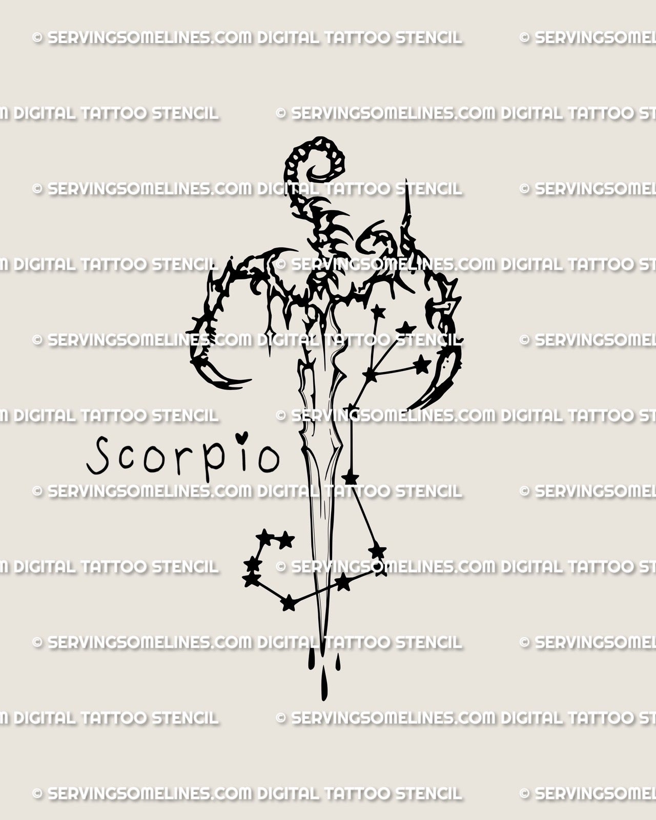 Scorpio sword tattoo stencil design, cyber tribal blade with claw guard and star detail, clean outline for stencil transfer
