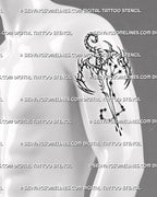 Scorpio sword tattoo stencil shown on a men’s arm, with scorpion claws, curled tail, and constellation stars for vertical placement.