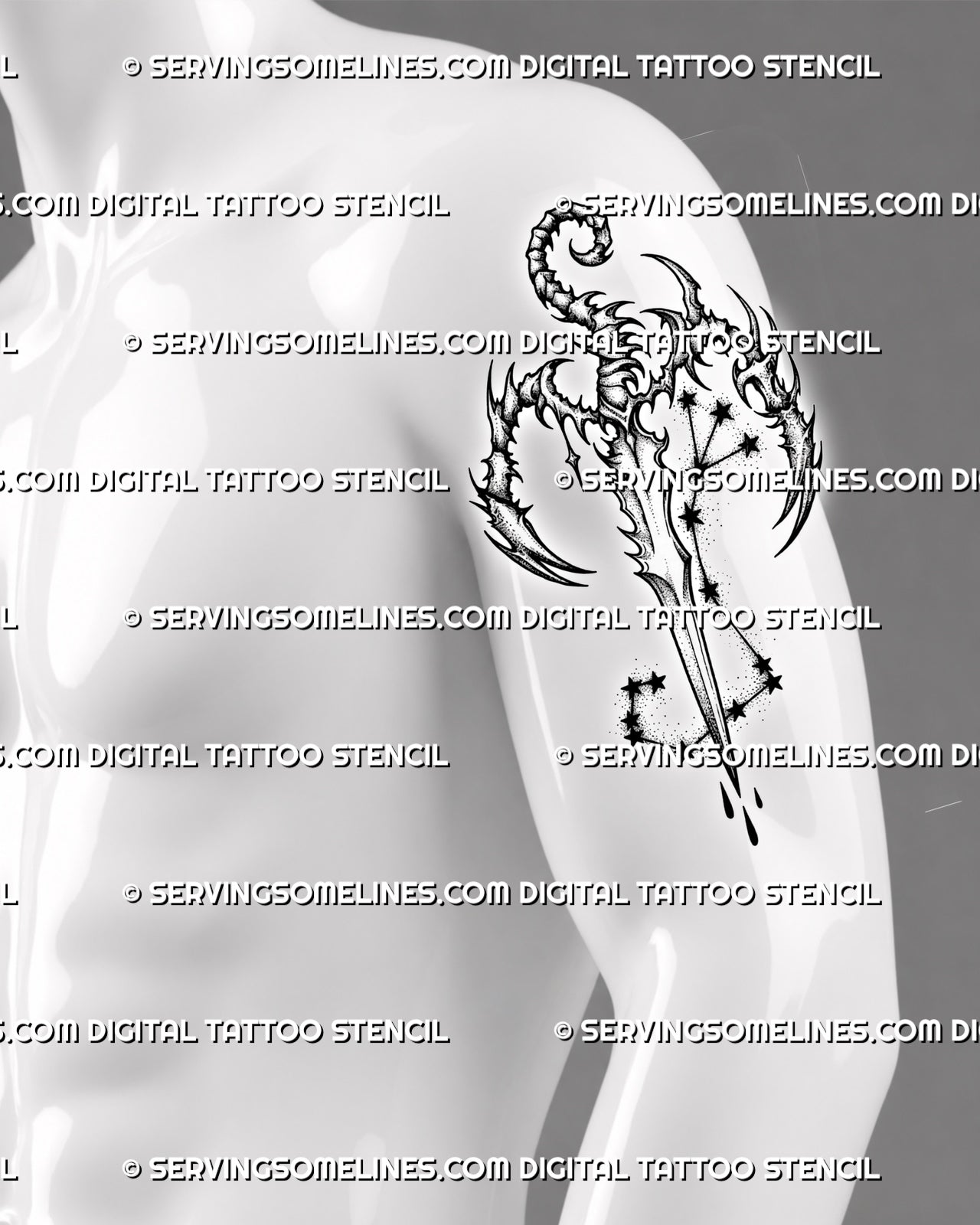 Scorpio sword tattoo stencil shown on a men’s arm, with scorpion claws, curled tail, and constellation stars for vertical placement.