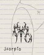 Scorpio tattoo stencil shown on women’s front thigh placement preview, cybersigilism Scorpio glyph, printable download files