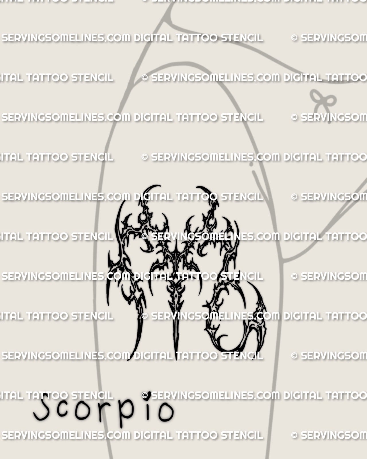Scorpio tattoo stencil shown on women’s front thigh placement preview, cybersigilism Scorpio glyph, printable download files