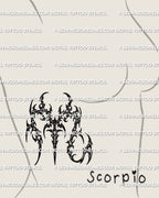 Scorpio tattoo stencil shown on feminine side ribs placement preview, cybersigilism zodiac glyph design, printable download