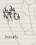 Scorpio zodiac glyph tattoo stencil shown on women’s upper arm placement preview, cybersigilism design download files