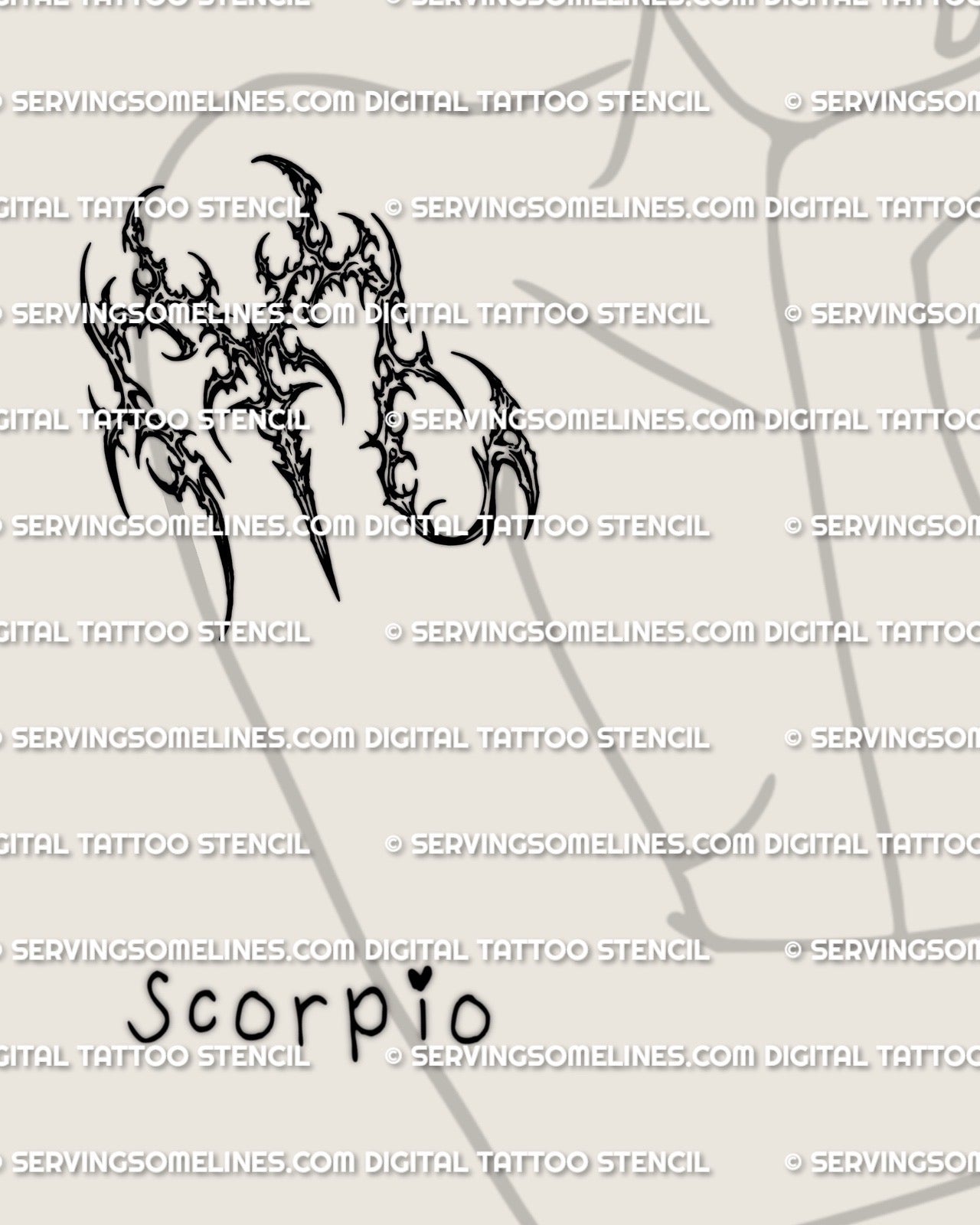 Scorpio zodiac glyph tattoo stencil shown on women’s upper arm placement preview, cybersigilism design download files