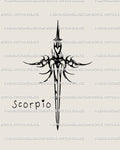 Neotribal sword tattoo stencil with heart center and “Scorpio” lettering on the side, digital zodiac tattoo design mixing gothic and cyber sigil energy. 