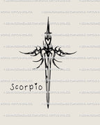 Neotribal sword tattoo stencil with heart center and “Scorpio” lettering on the side, digital zodiac tattoo design mixing gothic and cyber sigil energy. 