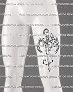 Scorpio zodiac sword tattoo stencil shown on a men’s thigh, with scorpion tail, claw details, and constellation lines.
