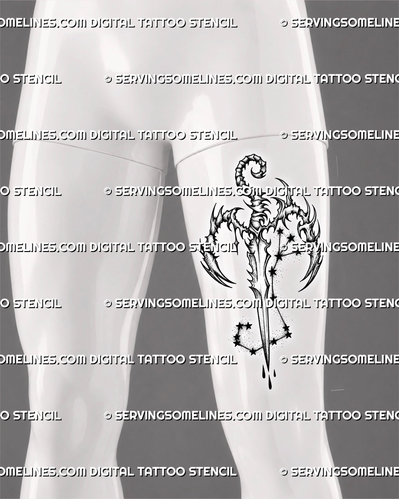 Scorpio zodiac sword tattoo stencil shown on a men’s thigh, with scorpion tail, claw details, and constellation lines.