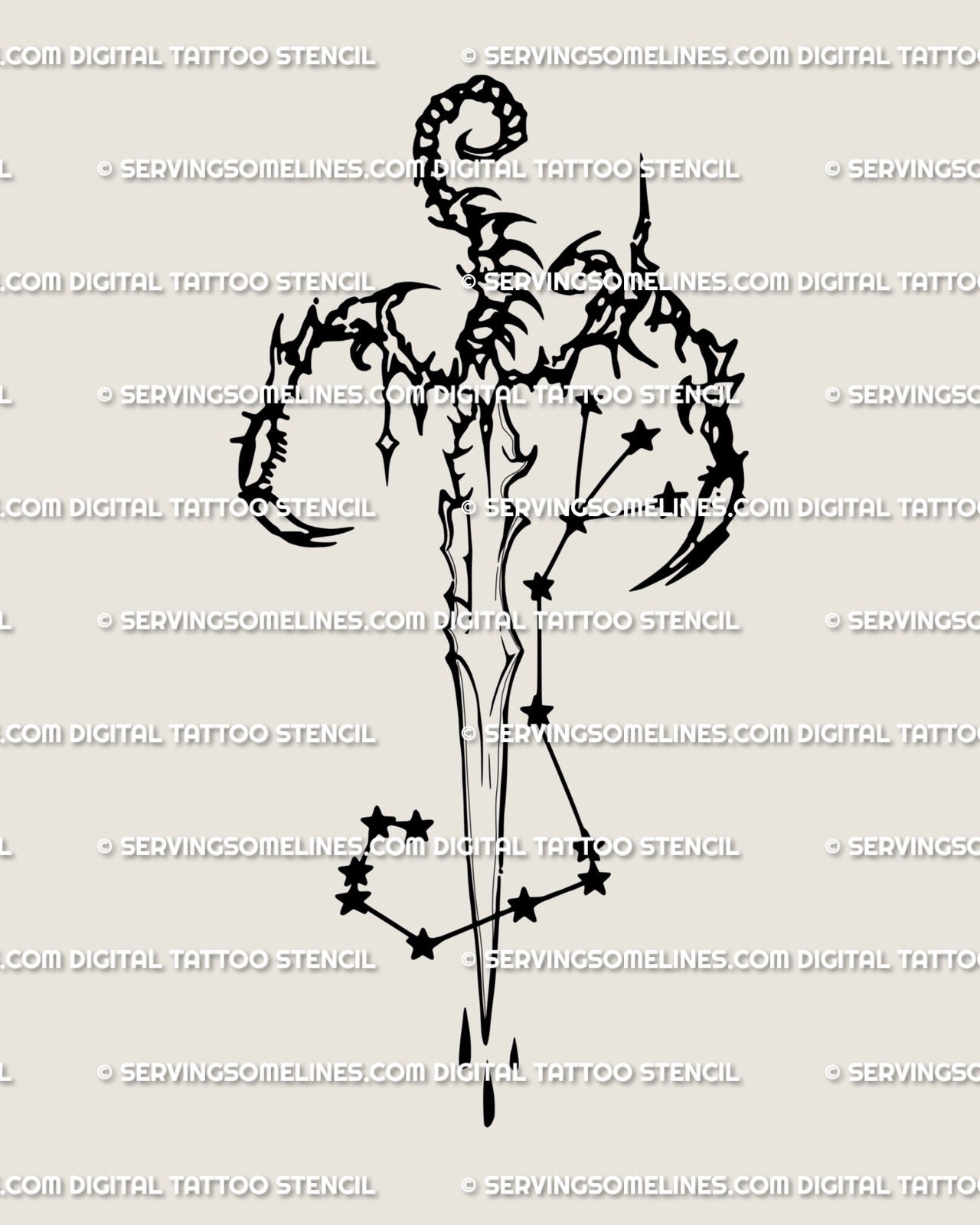 scorpio zodiac tattoo digital download design, celestial sword motif with detailed star cluster and precise linework.