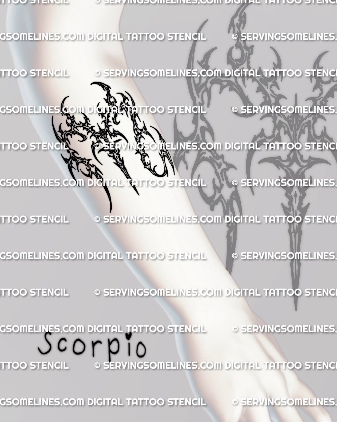Scorpio zodiac tattoo stencil shown on forearm placement preview, cyber sigil Scorpio glyph design, instant download files