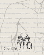 Scorpio zodiac tattoo stencil shown on men’s ribs placement preview, cyber sigil glyph design, printable stencil download