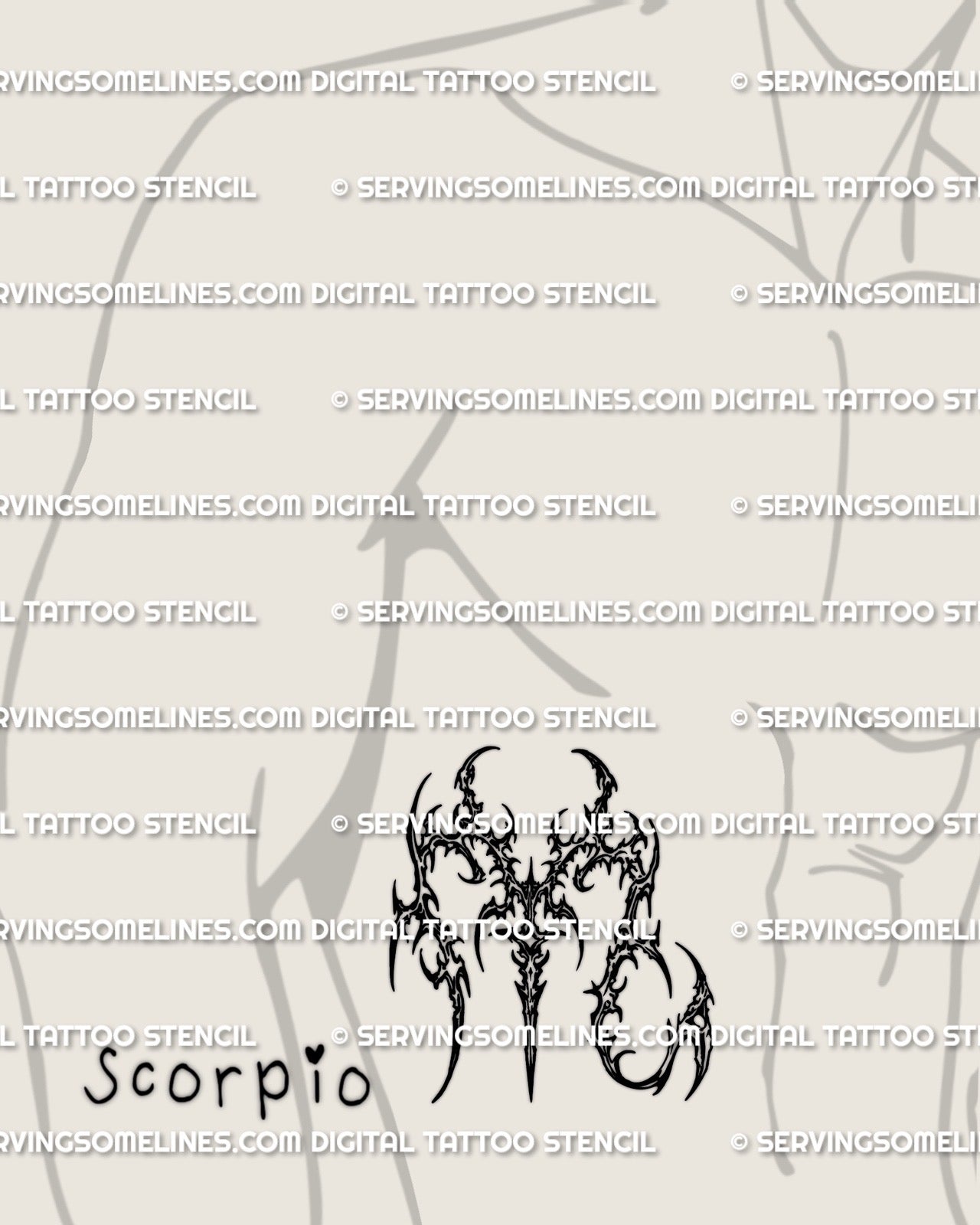 Scorpio zodiac tattoo stencil shown on men’s ribs placement preview, cyber sigil glyph design, printable stencil download