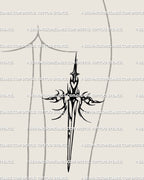 Tattoo preview on woman’s back thigh showing Scorpio sword stencil with gothic blade and tribal wings, digital zodiac tattoo flash download.