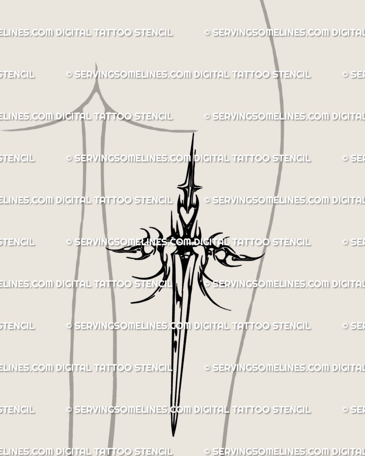 Tattoo preview on woman’s back thigh showing Scorpio sword stencil with gothic blade and tribal wings, digital zodiac tattoo flash download.