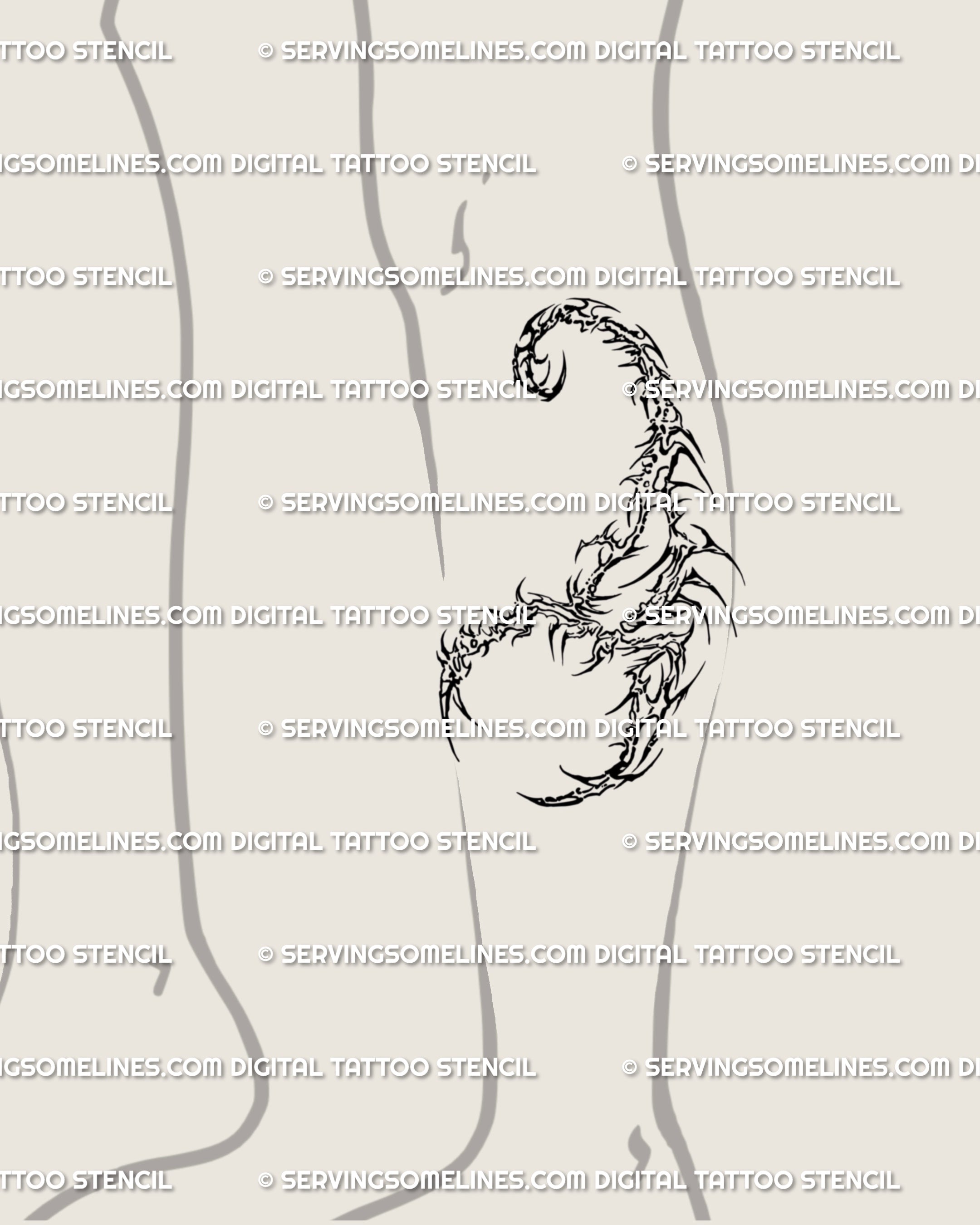 Scorpio zodiac scorpion tattoo placed on lower leg, drawn in gothic cybertribal linework, symbolic of resilience, boundaries, and protective vision.
