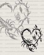 Scorpion and heart tattoo stencil showing a small rose detail inside the heart loop, clear legs and negative space for clean transfer.