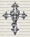 Scorpion cross tattoo stencil with gothic cross shape, curved scorpion tail, raised claws, and dot-shaded black linework.