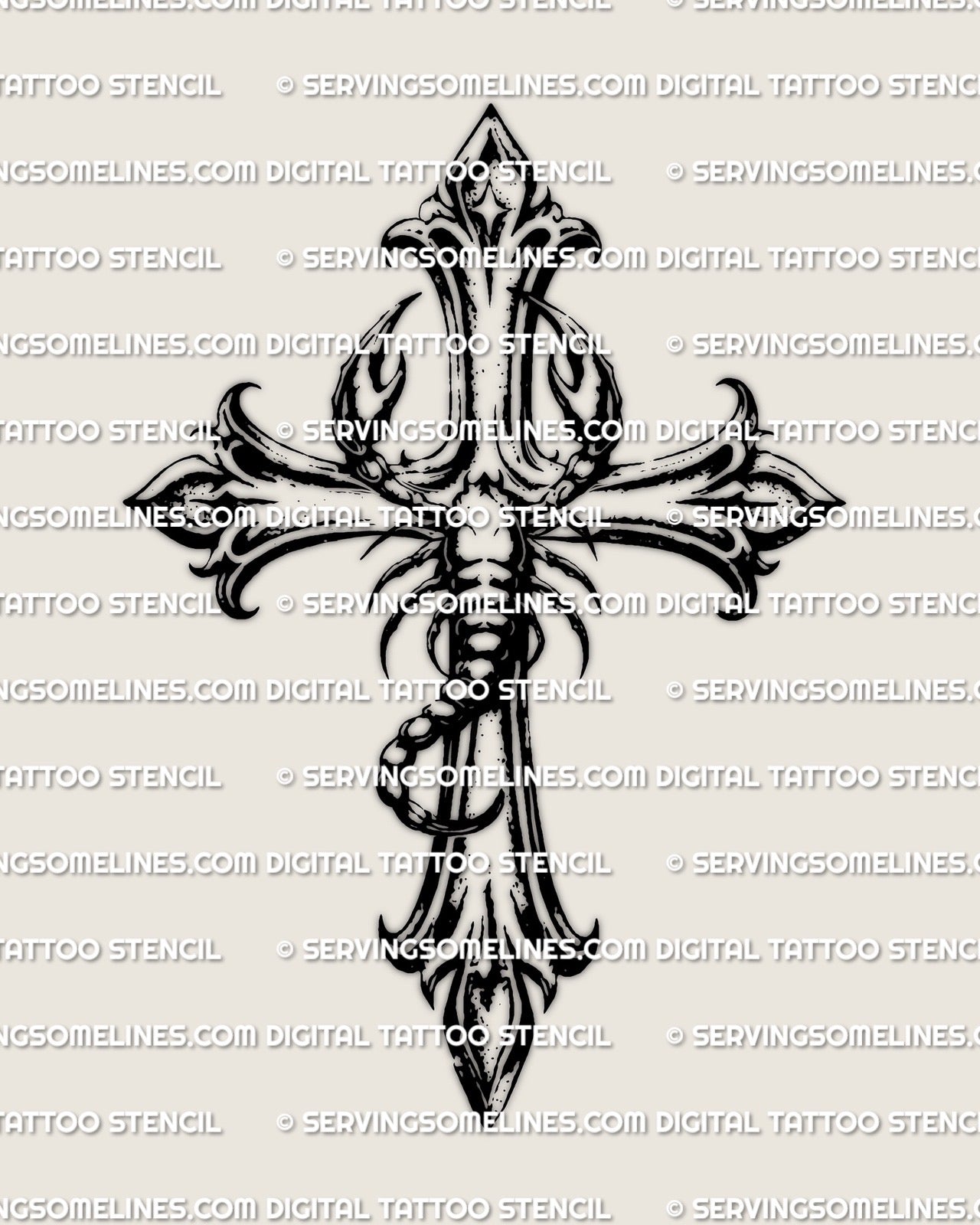 Gothic scorpion cross tattoo design featuring a coiled scorpion integrated into a bold cross silhouette, high contrast stencil artwork