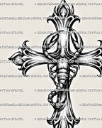 Close detail of scorpion cross tattoo design showing dot shading, black ornamental linework, claws, body segments, and cross tips.
