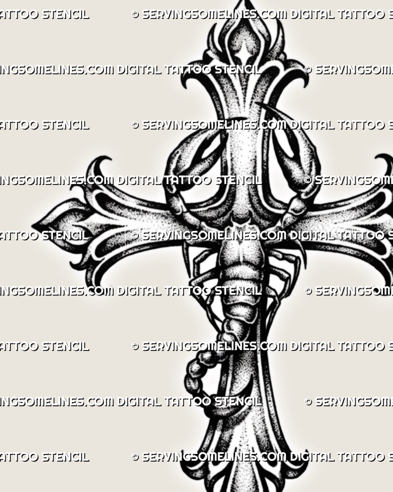 Close detail of scorpion cross tattoo design showing dot shading, black ornamental linework, claws, body segments, and cross tips.