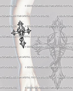 Scorpion cross tattoo design displayed on forearm placement with vertical cross structure, raised pincers, and curved scorpion tail.