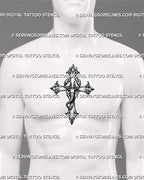Scorpion cross tattoo stencil shown on men’s center chest with ornamental cross ends, raised claws, and a hooked stinger.