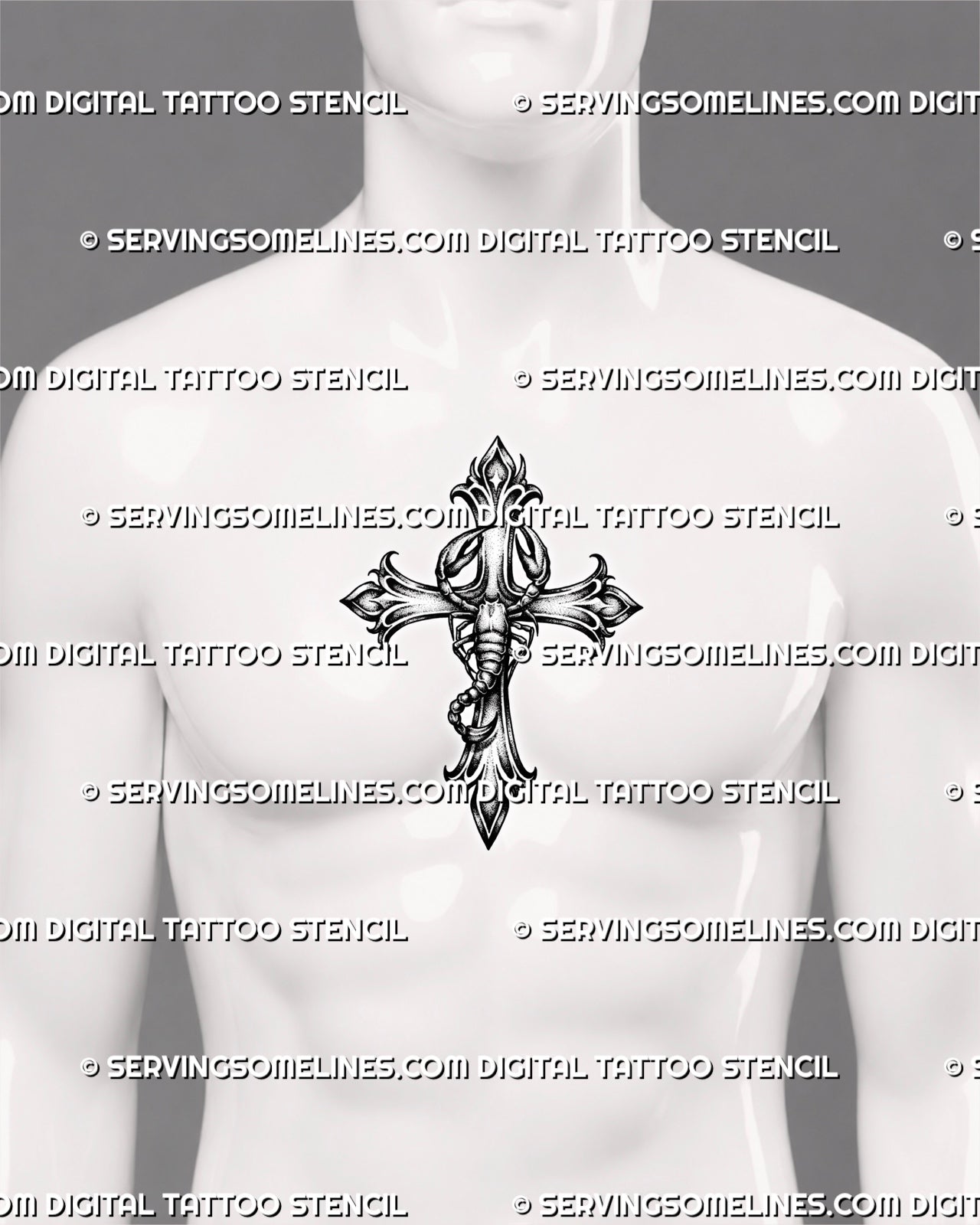 Scorpion cross tattoo stencil shown on men’s center chest with ornamental cross ends, raised claws, and a hooked stinger.