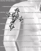 Scorpion cross tattoo stencil shown on men’s upper arm with visible claws, curved tail, gothic cross points, and dark shading.