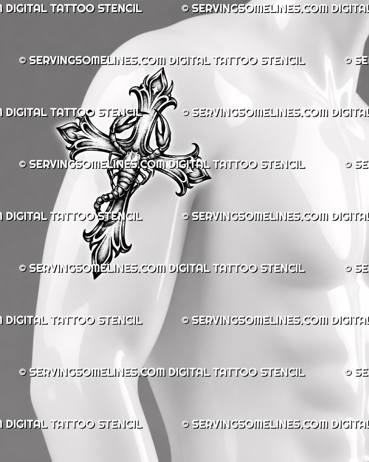Scorpion cross tattoo stencil shown on men’s upper arm with visible claws, curved tail, gothic cross points, and dark shading.