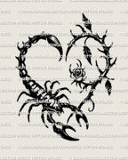 Scorpion heart tattoo design stencil file with curved tail forming the heart shape, high contrast lines, printable PNG JPEG and PDF.