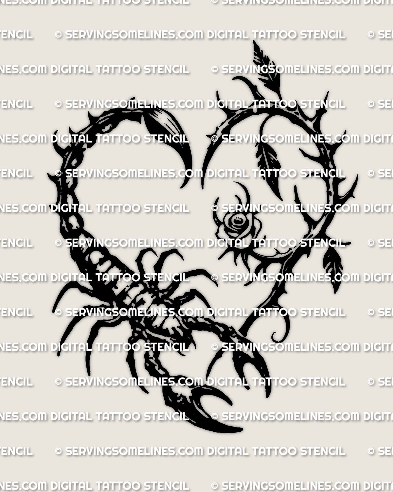 Scorpion heart tattoo design stencil file with curved tail forming the heart shape, high contrast lines, printable PNG JPEG and PDF.