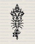 Scorpion key tattoo stencil, gothic scorpion over antique key emblem, high contrast black design.
