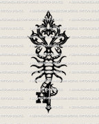 Scorpion key tattoo stencil, gothic scorpion over antique key emblem, high contrast black design.