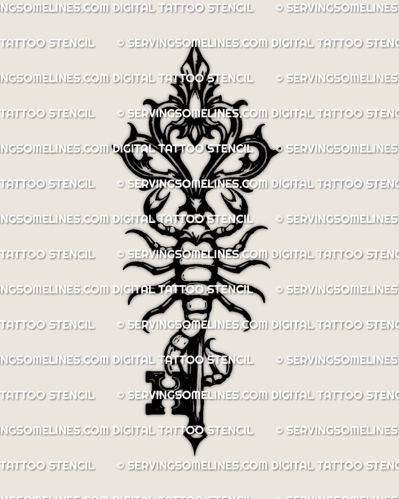 Scorpion key tattoo stencil, gothic scorpion over antique key emblem, high contrast black design.