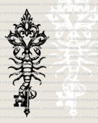Dark key talisman with scorpion body, scorpion tattoo stencil style, clean lines for stencil transfer.