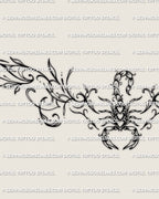 Close view of the scorpion lower back tattoo design, showing the raised tail, open claws, body segments, and curved outer linework.