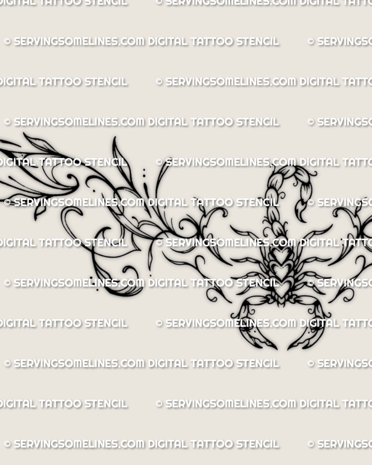 Close view of the scorpion lower back tattoo design, showing the raised tail, open claws, body segments, and curved outer linework.