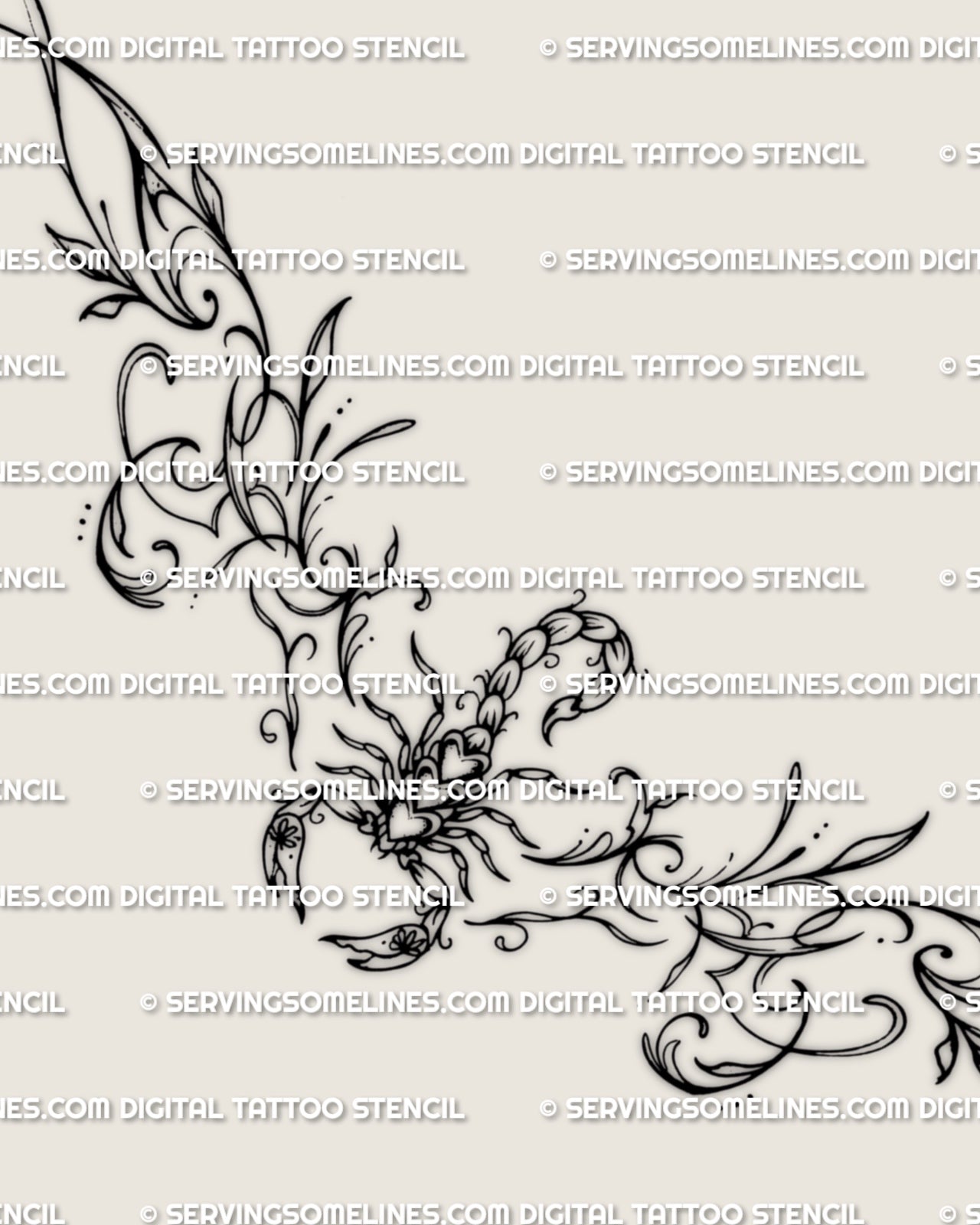 Main design view of a scorpion lower back tattoo stencil, with a centered scorpion body, lifted tail, and wide waist-shaped flow.