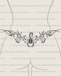 Scorpion lower back tattoo shown on womens waist placement, with a centered body, raised tail, open claws, and curved side linework.