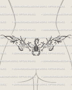 Scorpion lower back tattoo shown on womens waist placement, with a centered body, raised tail, open claws, and curved side linework.